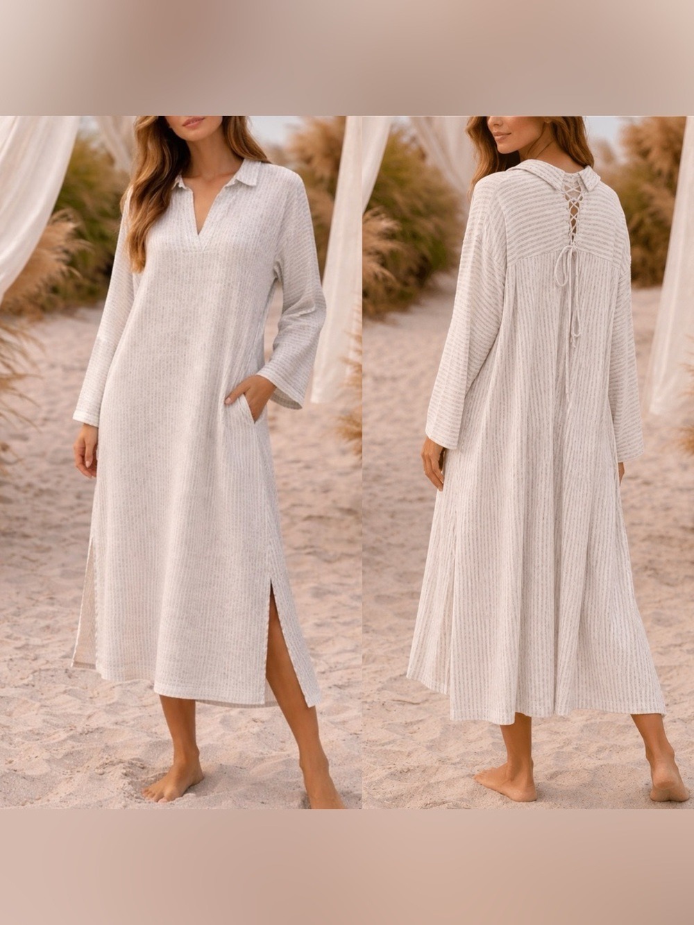 Free People Beach White Gray Stripe Midi Dress Kaftan Swim Cover Pockets large